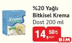 DOST %20 YAĞLI BİTKİSEL KREMA 200 ML fiyat ve kampanya bilgisi